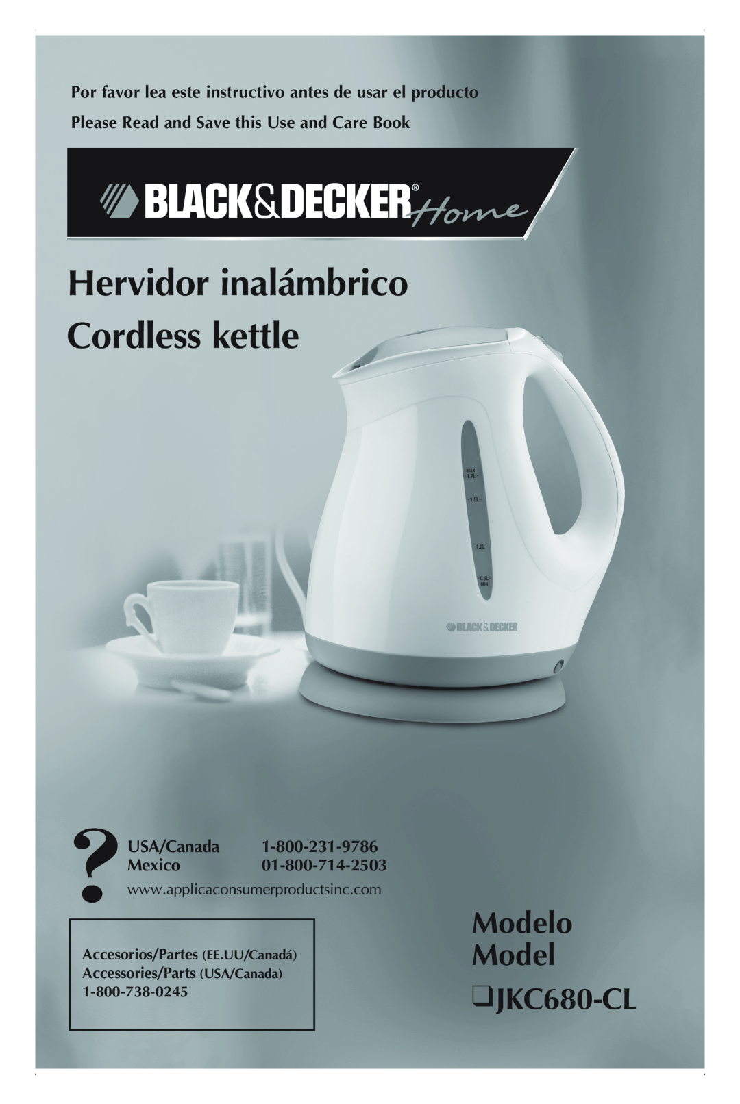 Black & Decker manual Modelo Model JKC680-CL, Hervidor inalámbrico Cordless kettle, USA/Canada Mexico 