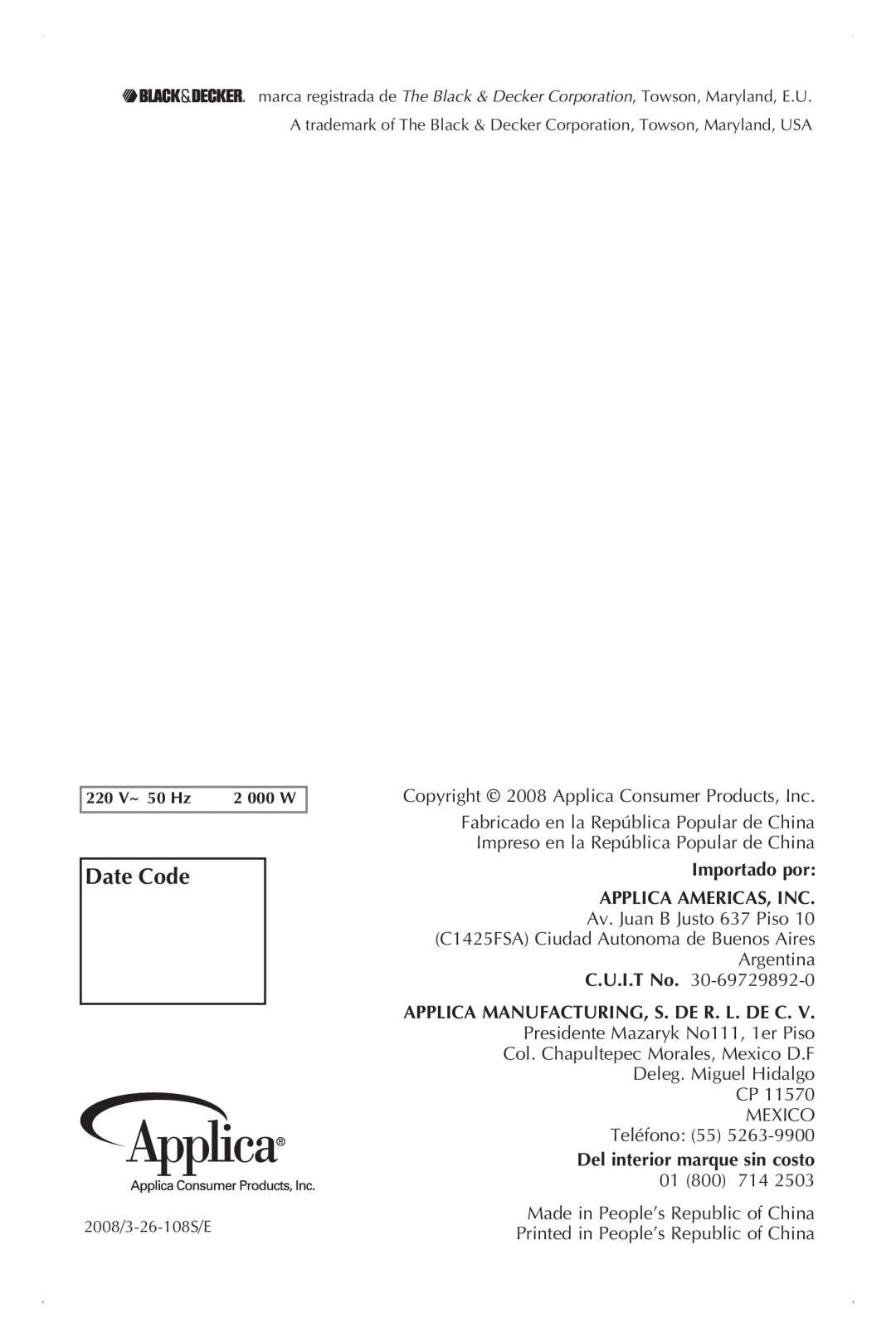 Black & Decker JKC680-CL manual Date Code, Importado por Applica Americas, Inc 