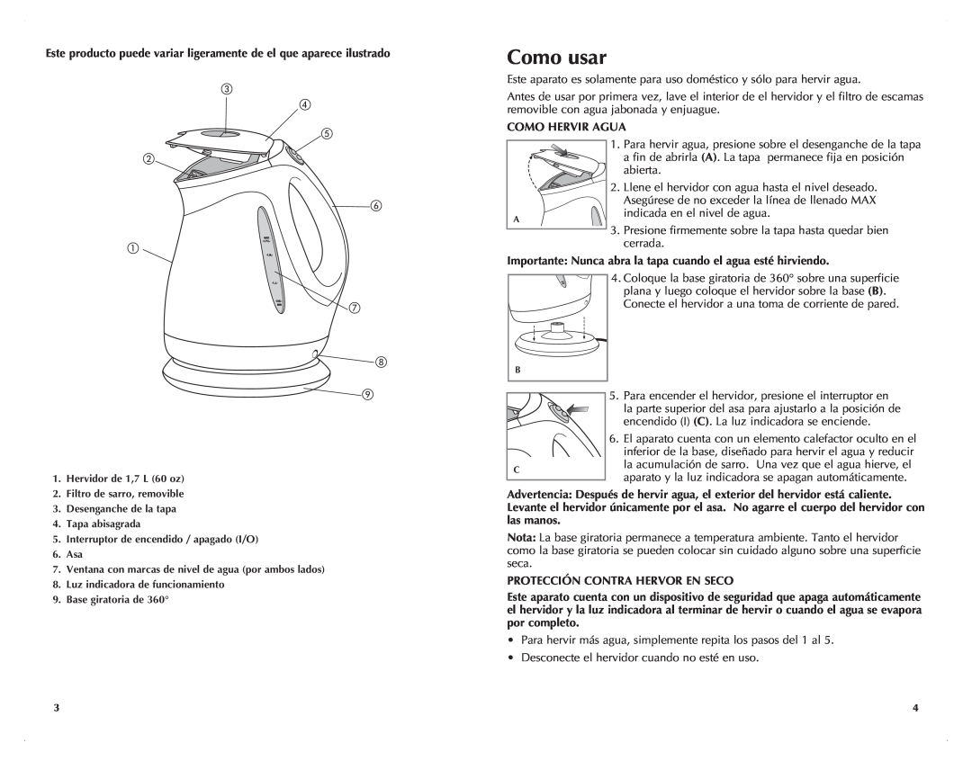 Black & Decker JKC680-CL manual Como usar, Como Hervir Agua, Protección Contra Hervor En Seco 
