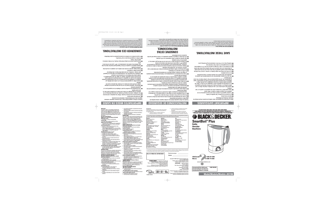 Black & Decker warranty Garde En Mises Importantes, Seguridad De Instrucciones, Model/Modelo/Modèle JKC700, prise 