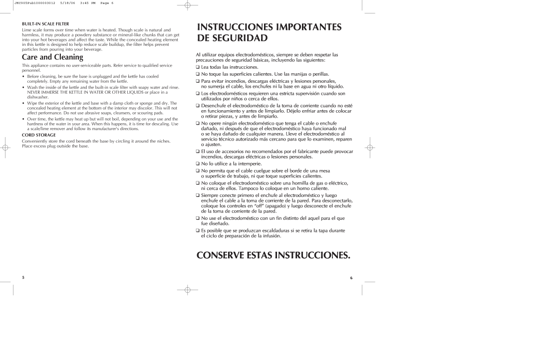 Black & Decker JKC905 manual Instrucciones Importantes De Seguridad, Conserve Estas Instrucciones, Care and Cleaning 