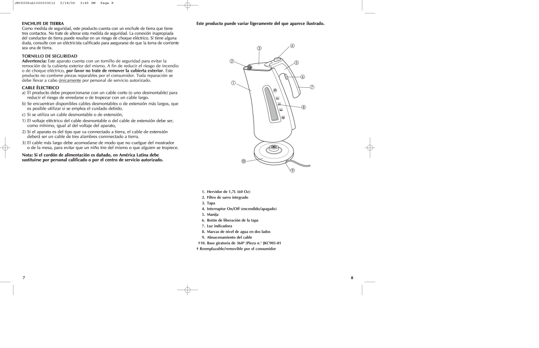 Black & Decker JKC905 manual Enchufe De Tierra, Tornillo De Seguridad, Cable Électrico 