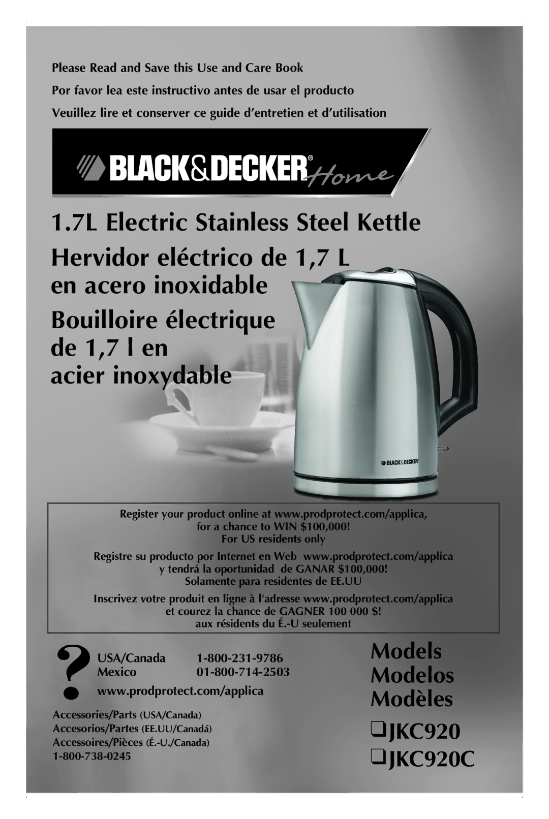 Black & Decker manual Models Modelos Modèles JKC920 JKC920C, Please Read and Save this Use and Care Book, USA/Canada 