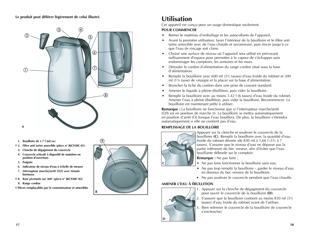 Black & Decker JKC920C manual Utilisation, Le produit peut différer légèrement de celui illustré, Pour Commencer 