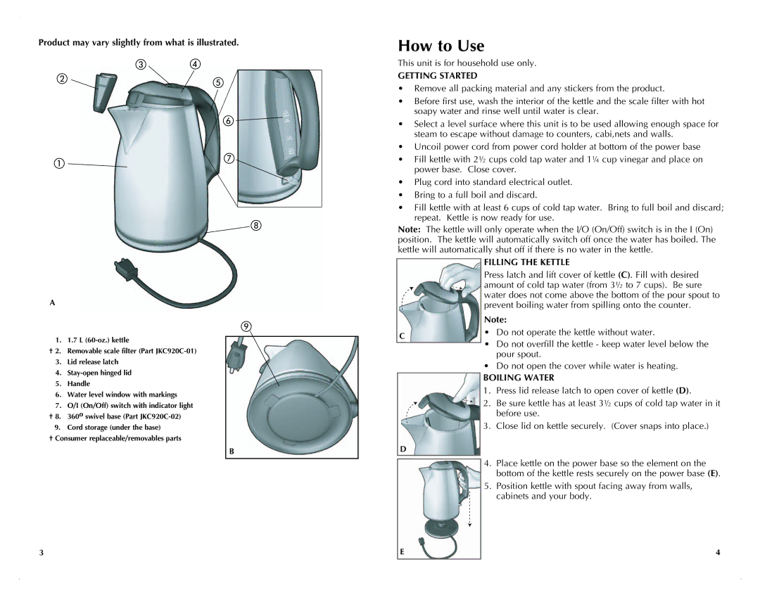 Black & Decker JKC920 How to Use, Product may vary slightly from what is illustrated, Getting Started, Filling the Kettle 