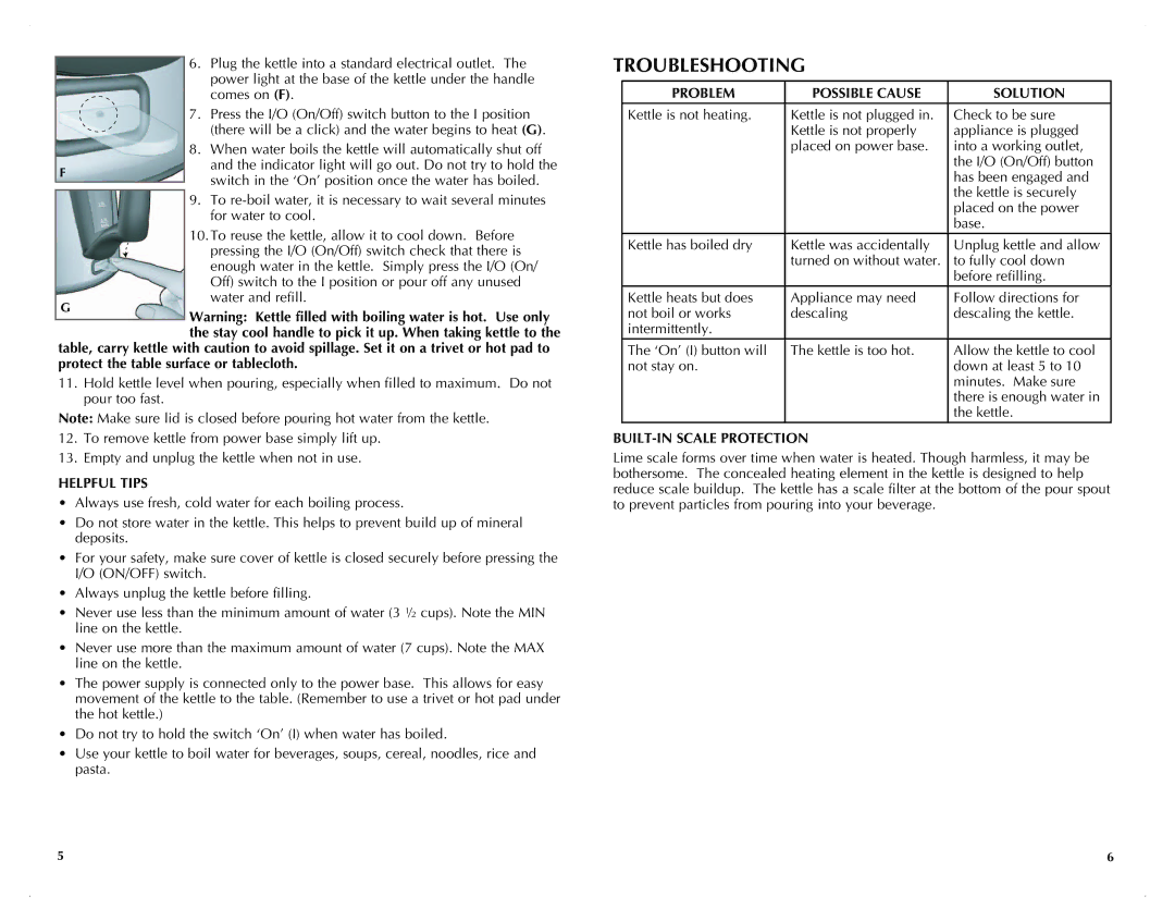 Black & Decker JKC920C manual Troubleshooting, Helpful Tips, Problem Possible Cause Solution, BUILT-IN Scale Protection 