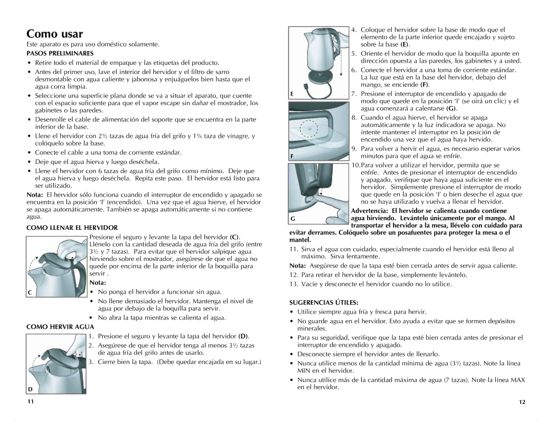 Black & Decker JKC920C manual Como usar, Pasos Preliminares, Como Llenar EL Hervidor, Como Hervir Agua 