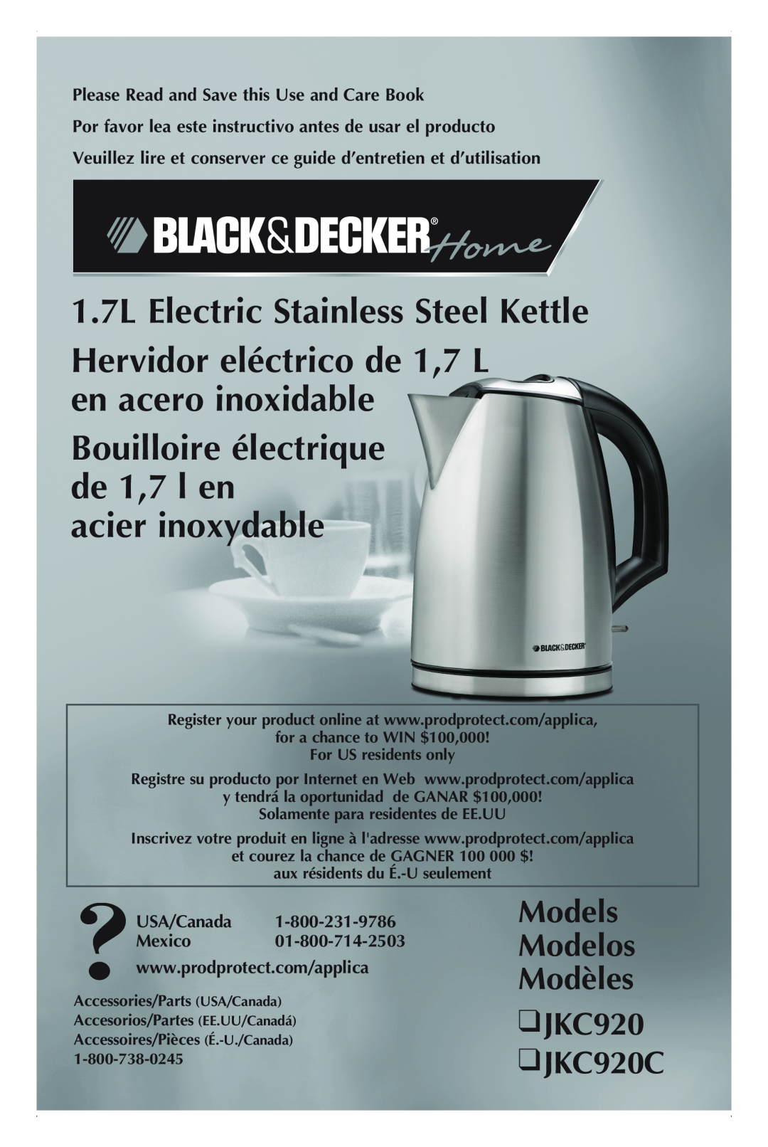 Black & Decker manual Models Modelos Modèles JKC920 JKC920C, 1.7L Electric Stainless Steel Kettle, acier inoxydable 