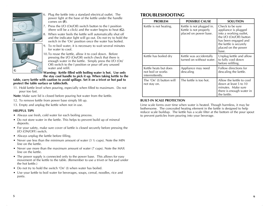 Black & Decker JKC920C manual Troubleshooting, Helpful Tips, Problem, Possible Cause, Solution, Built-In Scale Protection 