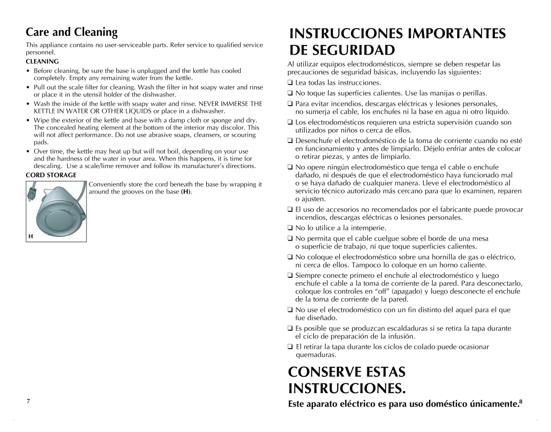 Black & Decker JKC920C manual Instrucciones Importantes De Seguridad, Conserve Estas Instrucciones, Care and Cleaning 