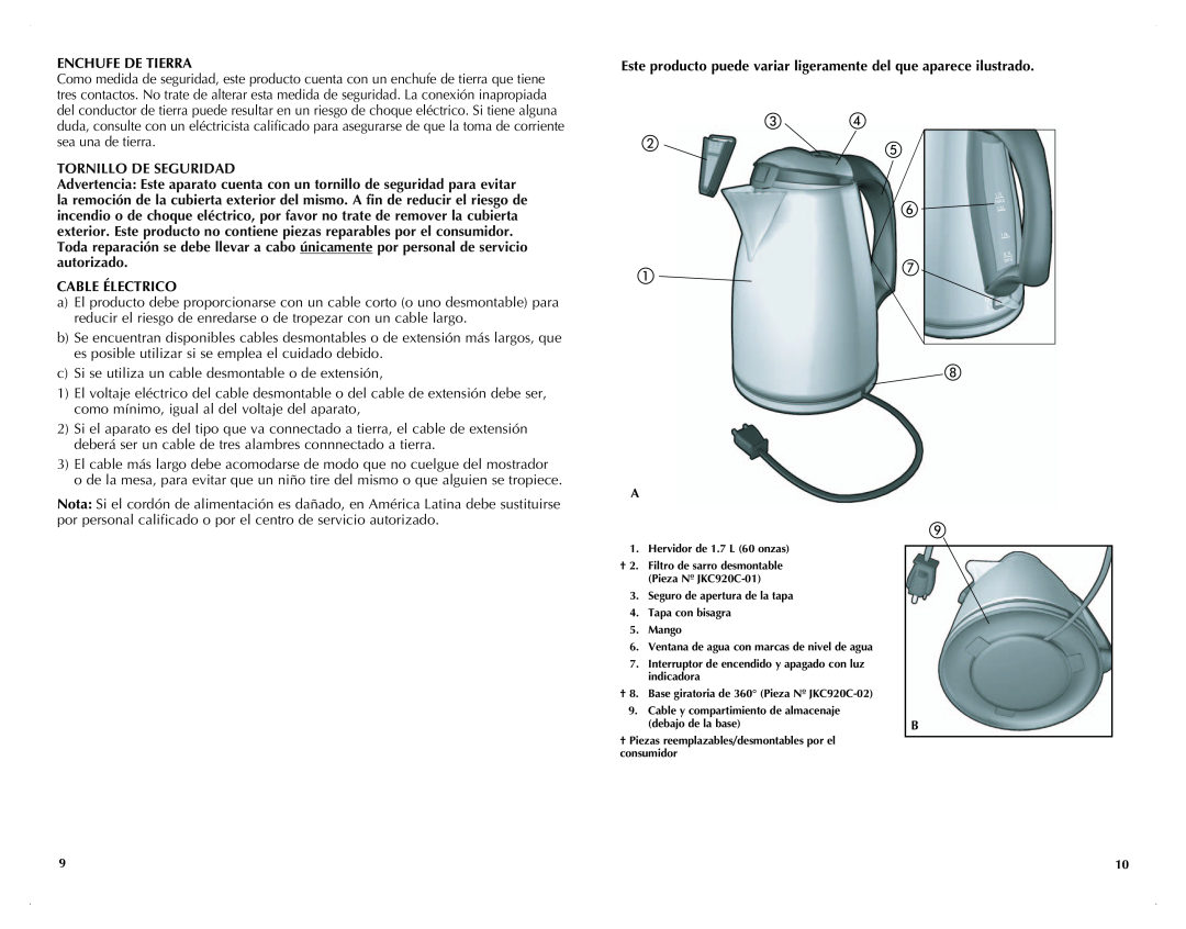 Black & Decker JKC920C manual   , Enchufe De Tierra, Tornillo De Seguridad, Cable Électrico 