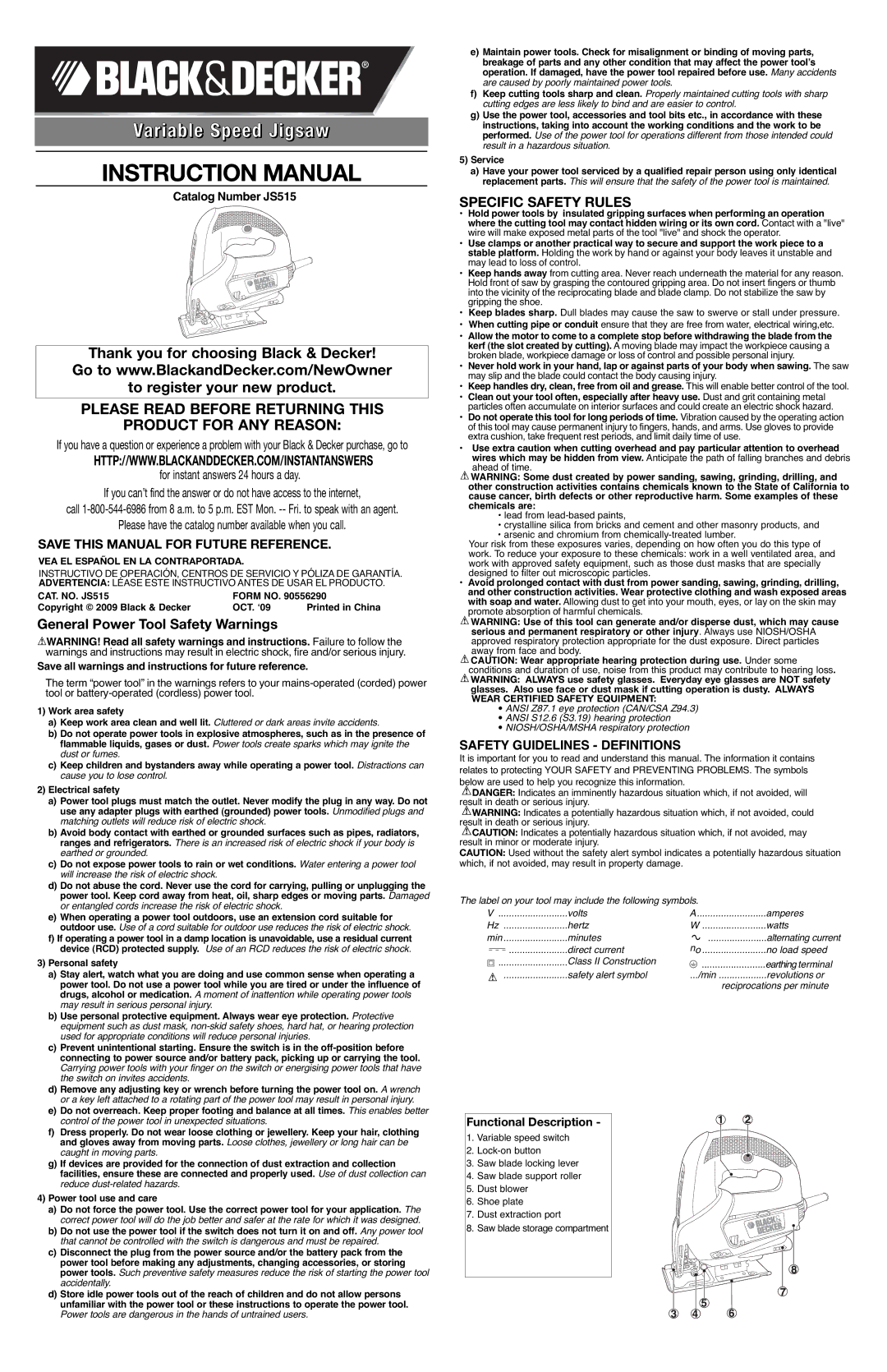 Black & Decker JS515 instruction manual Save this Manual for Future Reference, Functional Description, Work area safety 