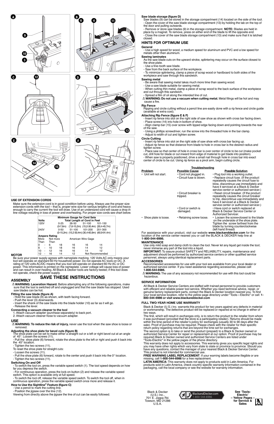 Black & Decker JS515 instruction manual Hints for Optimum USE, Assembly, Use, Motor 