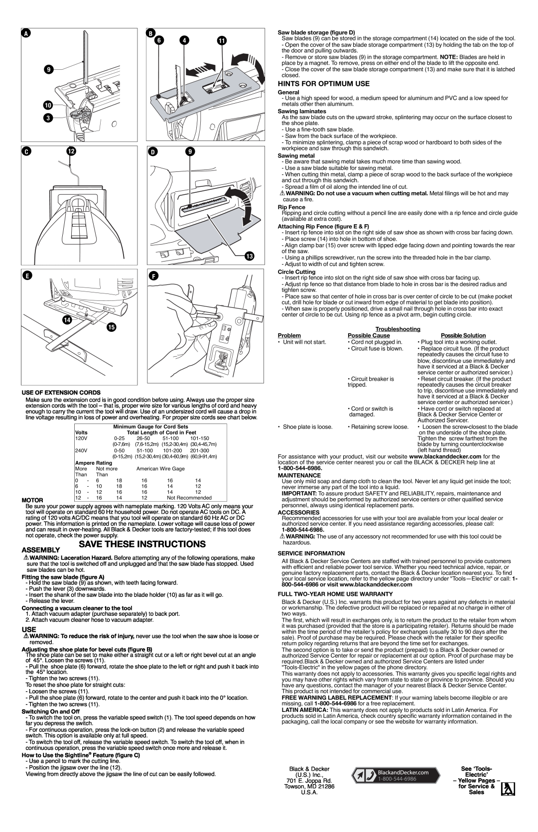 Black & Decker JS515 instruction manual Save These Instructions, Hints For Optimum Use, Assembly 