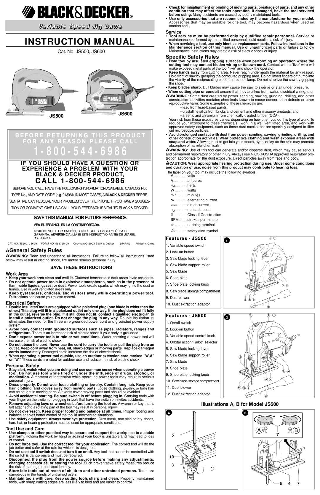 Black & Decker 583765-00, JS600 instruction manual Illustrations A, B for Model JS500 