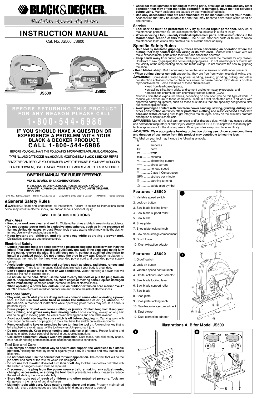 Black & Decker 583765-00 instruction manual JS500, Save This Manual For Future Reference, JS600, Electrical Safety 