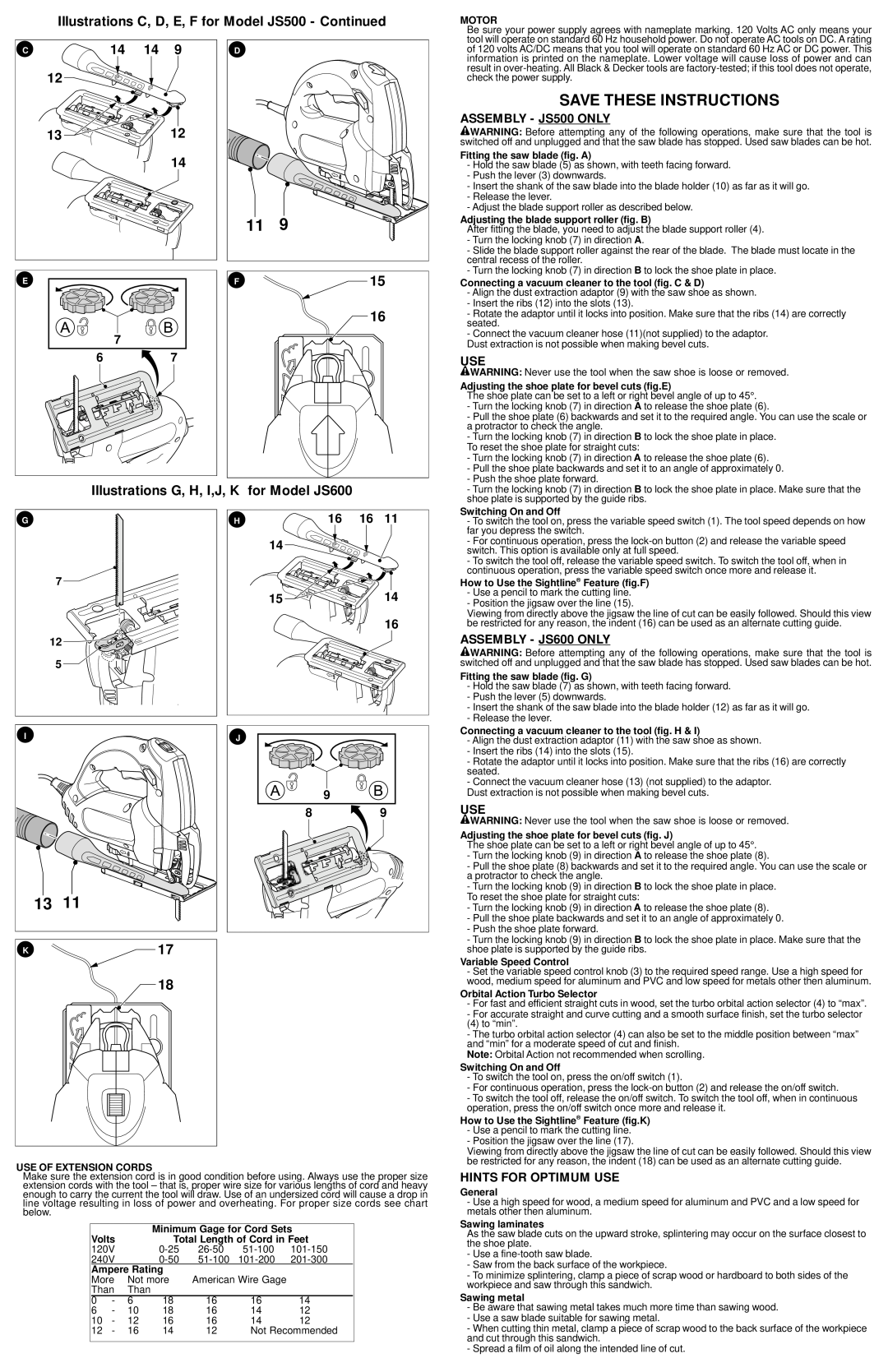 Black & Decker JS600 Save These Instructions, Illustrations C, D, E, F for Model JS500 - Continued, 14 14, 16 16 