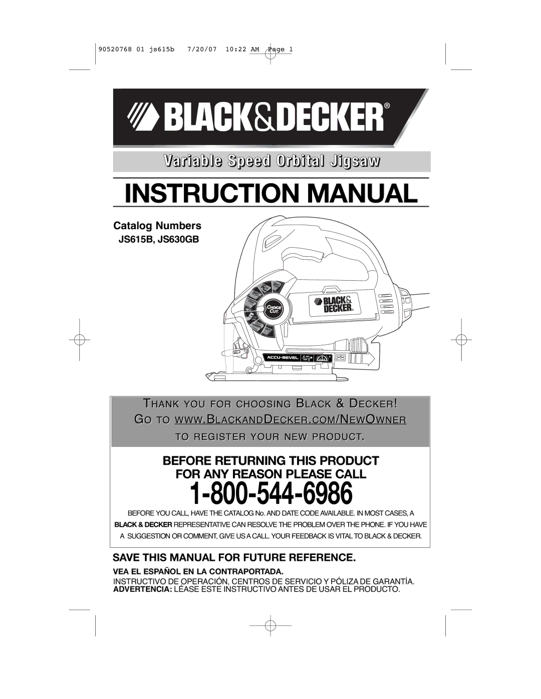 Black & Decker JS615B, JS630GB instruction manual Variable Speed Orbital Jigsaw, VEA EL Español EN LA Contraportada 