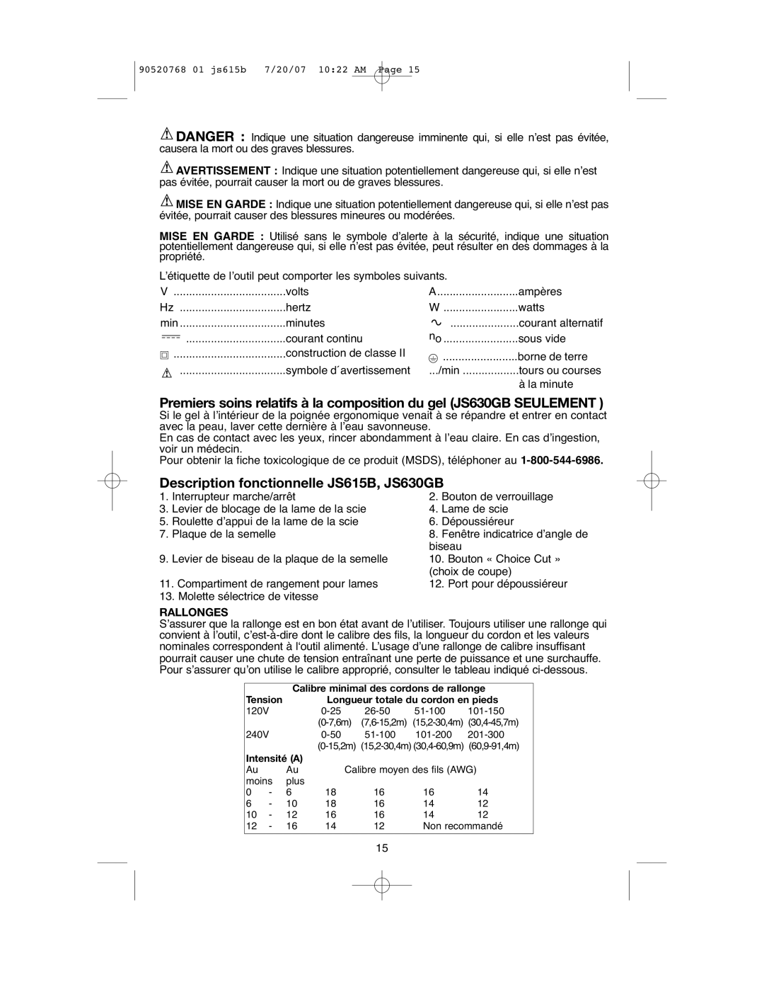 Black & Decker instruction manual Description fonctionnelle JS615B, JS630GB, Rallonges 