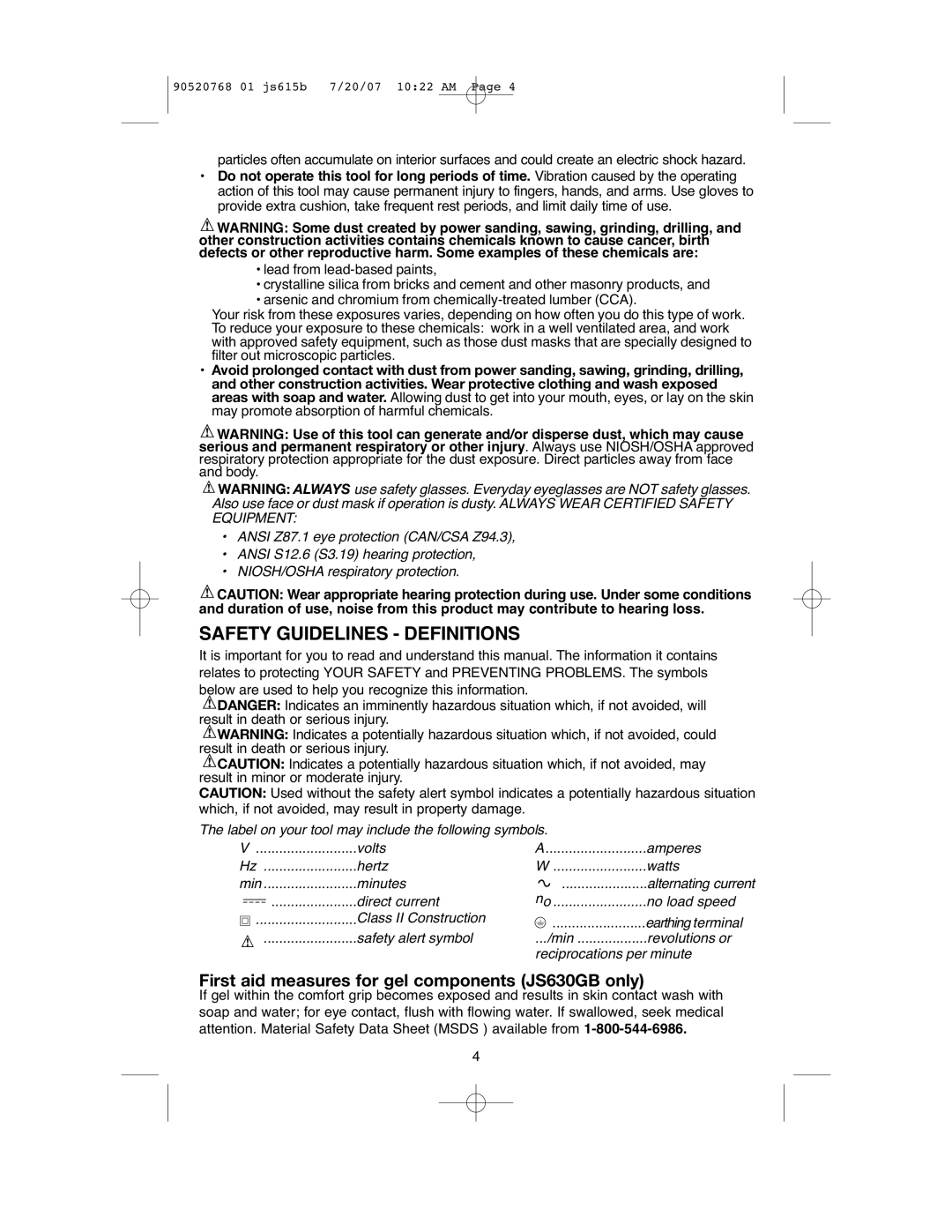 Black & Decker JS615B Safety Guidelines Definitions, First aid measures for gel components JS630GB only 