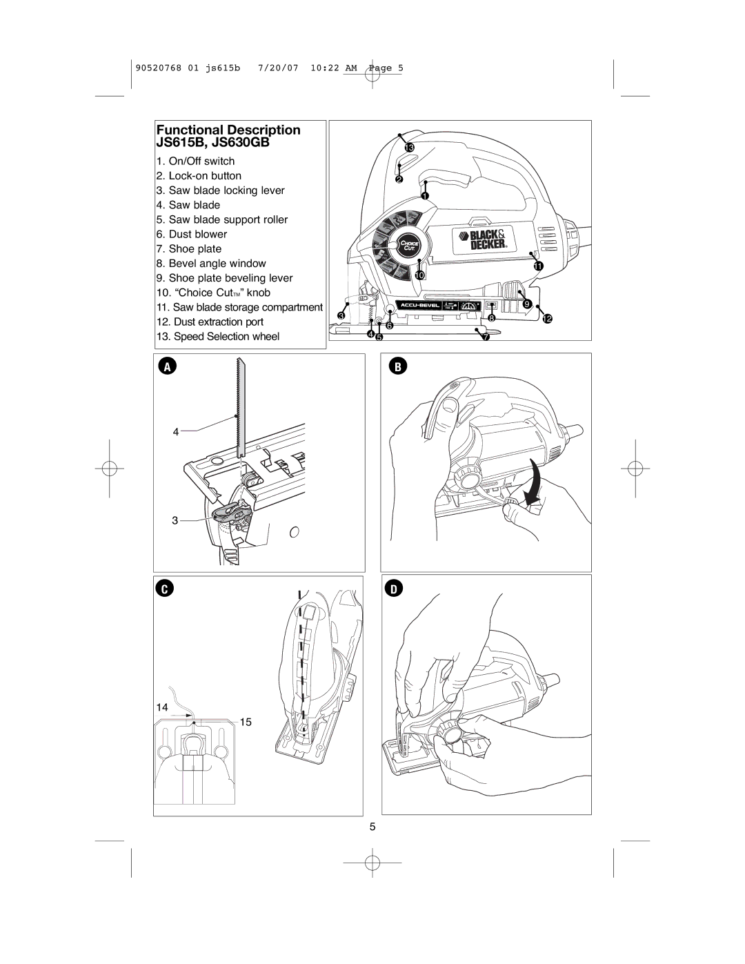 Black & Decker instruction manual Functional Description JS615B, JS630GB 