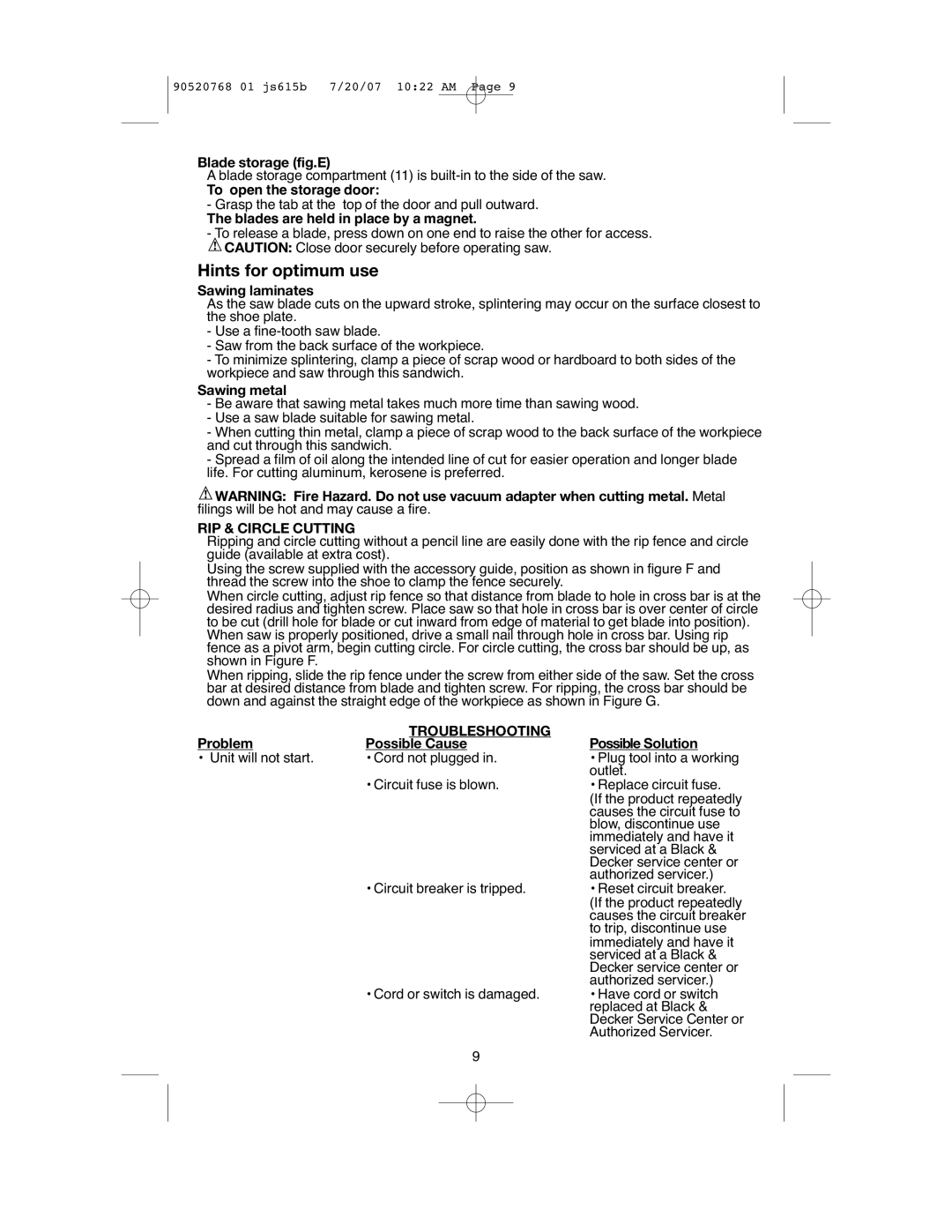 Black & Decker JS615B, JS630GB instruction manual Hints for optimum use, RIP & Circle Cutting, Troubleshooting 