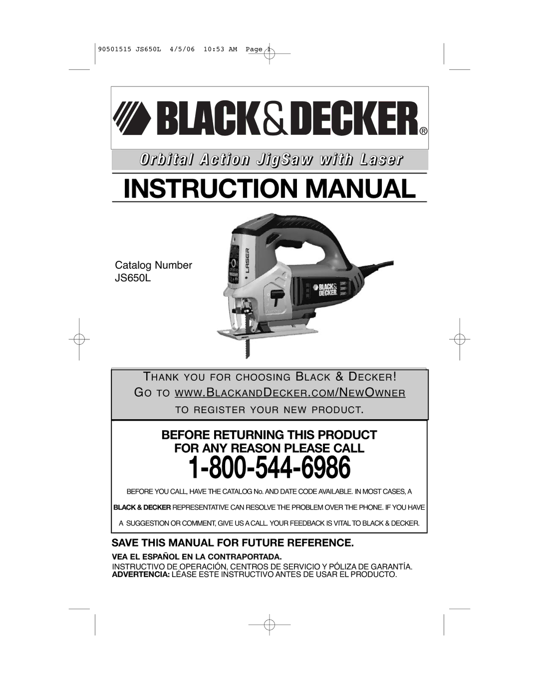 Black & Decker JS650L instruction manual Orbital Action JigSaw with Laser, VEA EL Español EN LA Contraportada 