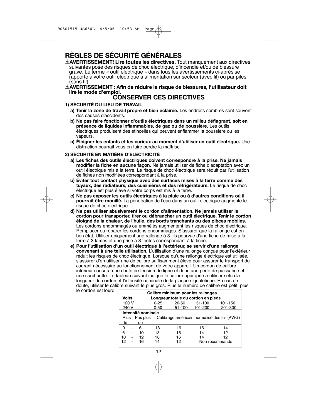 Black & Decker JS650L instruction manual Sécurité DU Lieu DE Travail, Sécurité EN Matière D’ÉLECTRICITÉ 