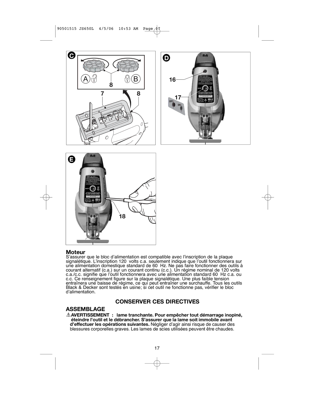 Black & Decker JS650L instruction manual Moteur, Conserver CES Directives Assemblage 