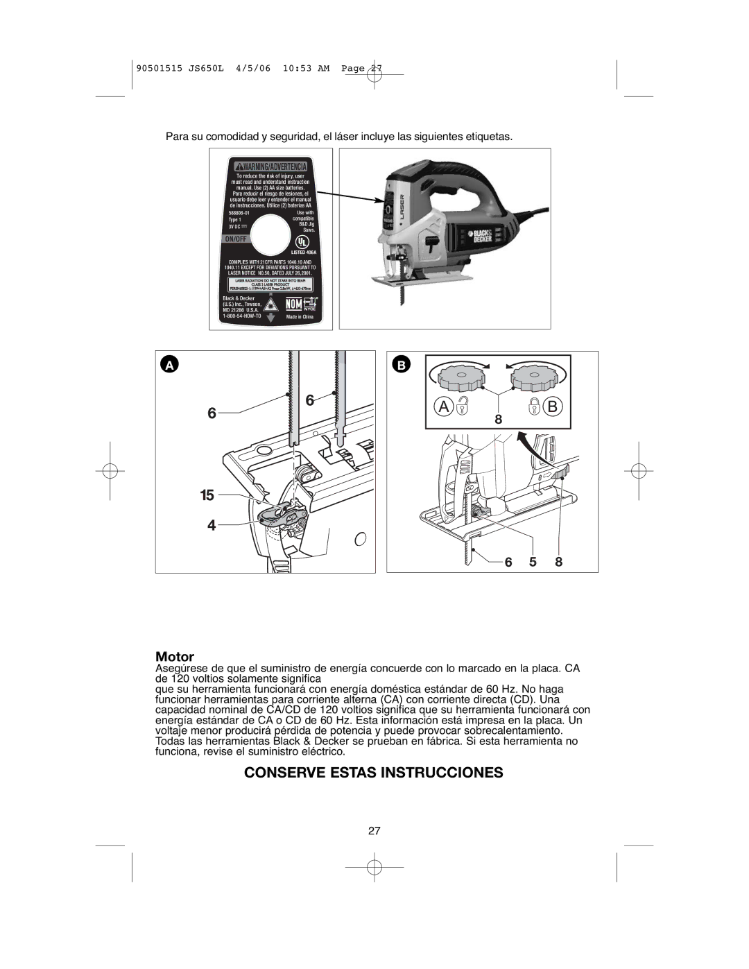 Black & Decker JS650L instruction manual Conserve Estas Instrucciones 