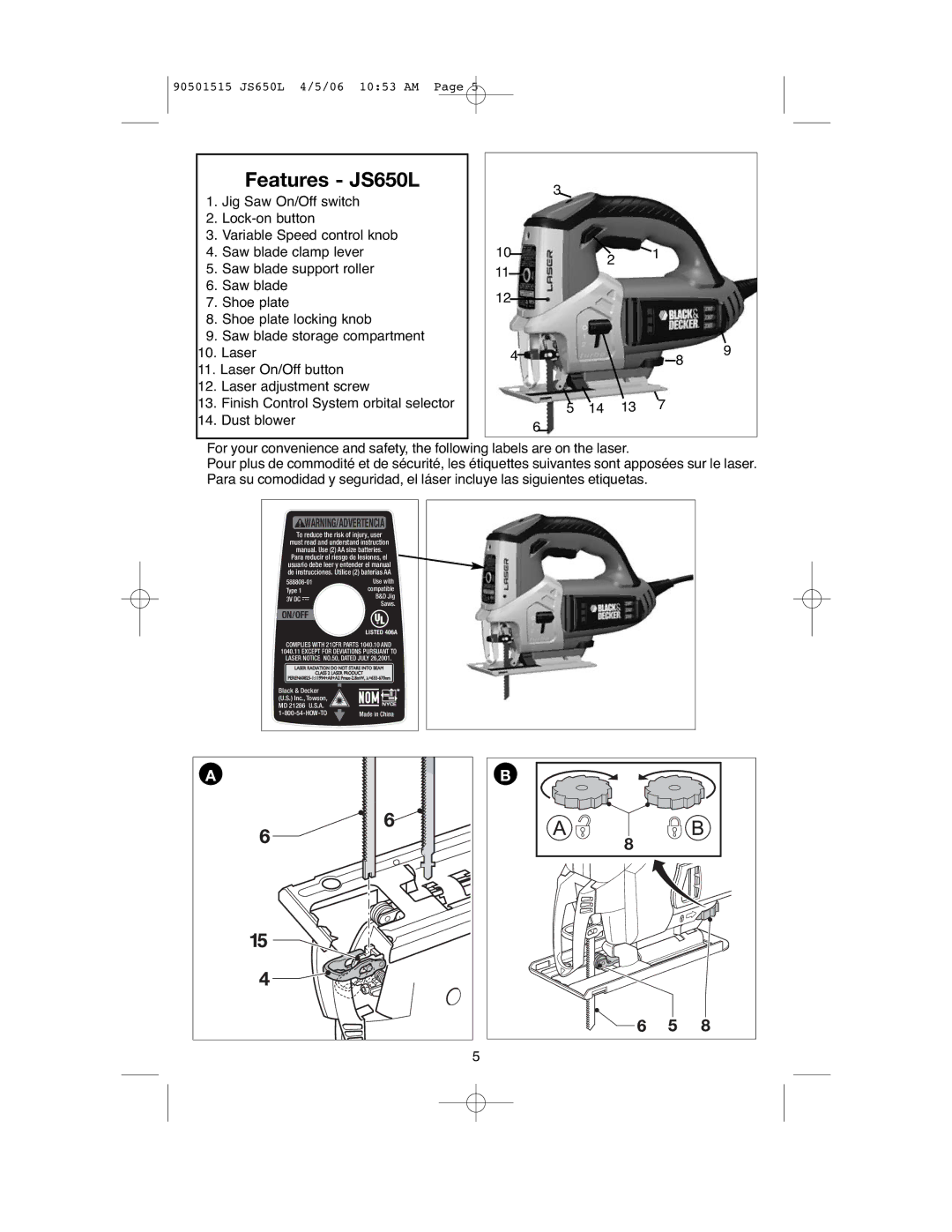 Black & Decker instruction manual Features JS650L, On/Off 