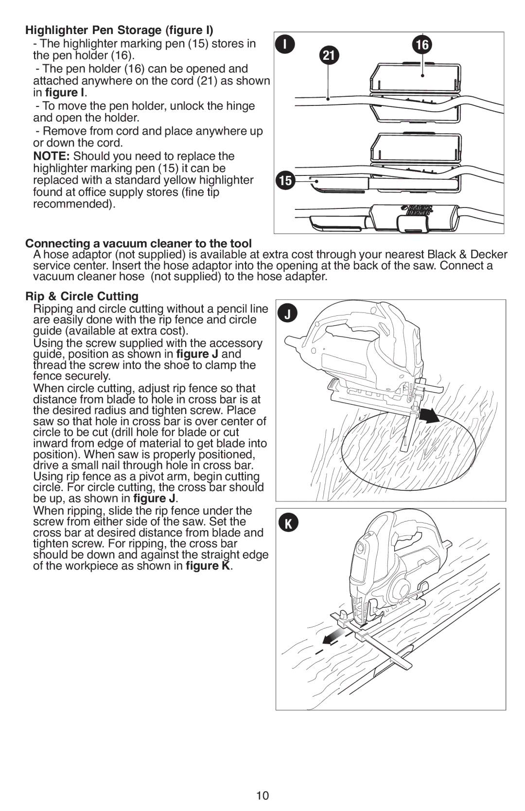 Black & Decker JS670V Highlighter Pen Storage figure, Connecting a vacuum cleaner to the tool, Rip & Circle Cutting 