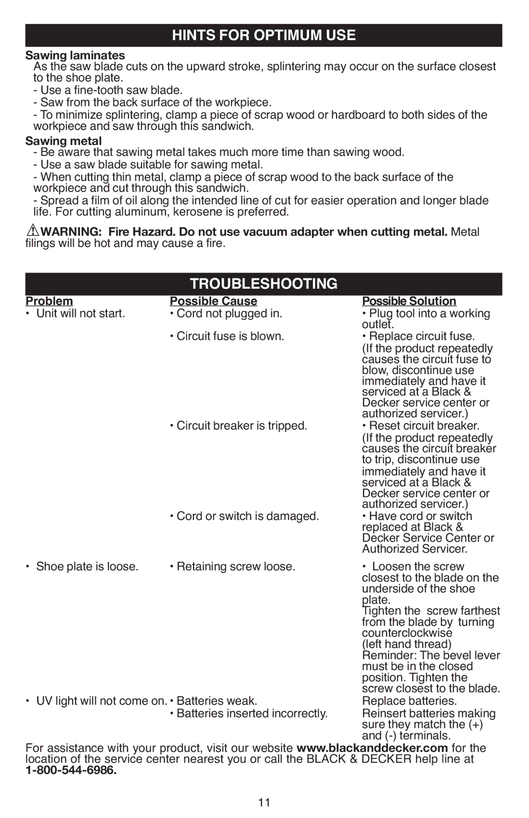 Black & Decker JS670V instruction manual Hints for Optimum USE, Troubleshooting, Problem Possible Cause Possible Solution 