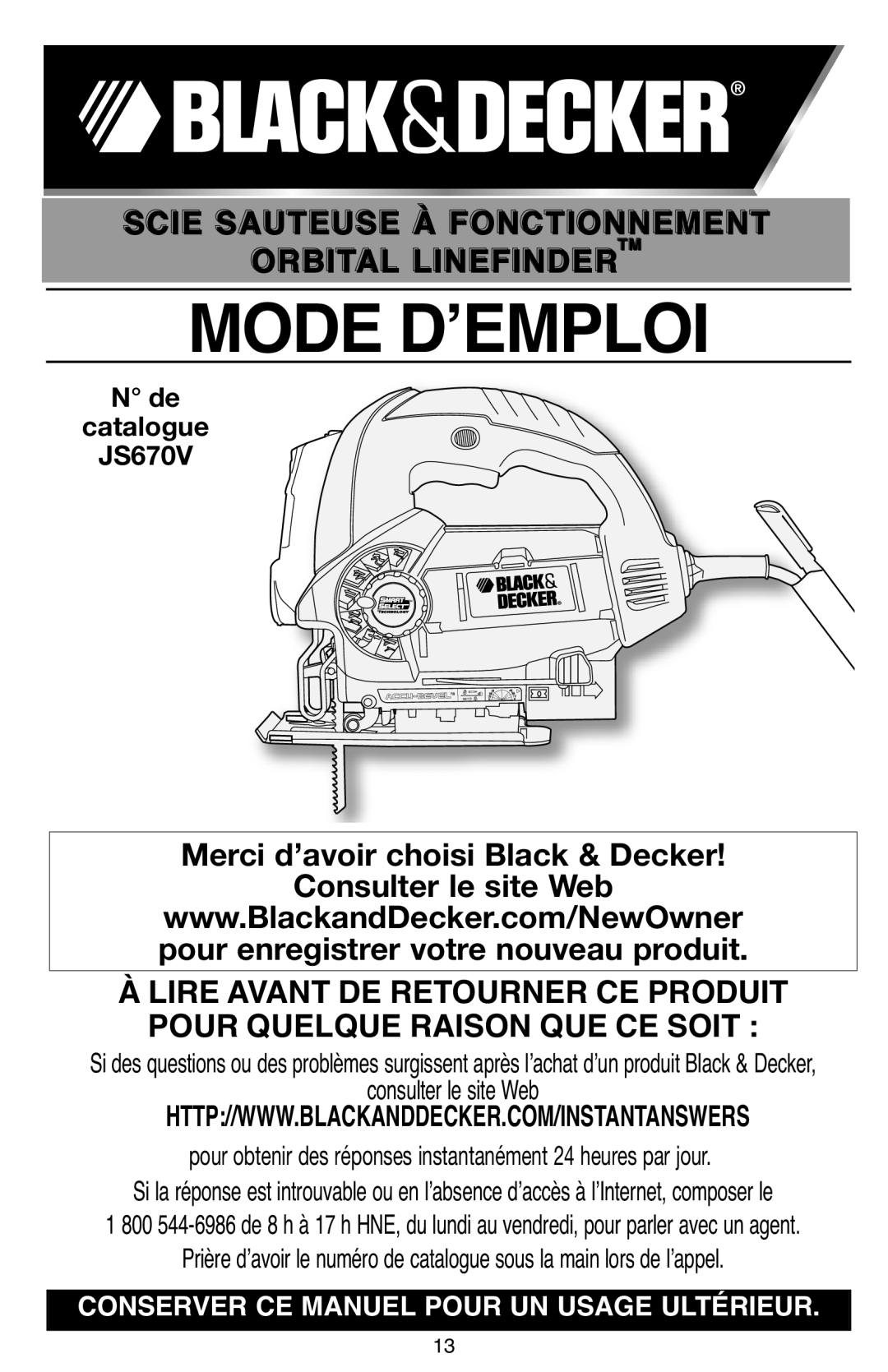 Black & Decker JS670V instruction manual Pour Quelque Raison QUE CE Soit 