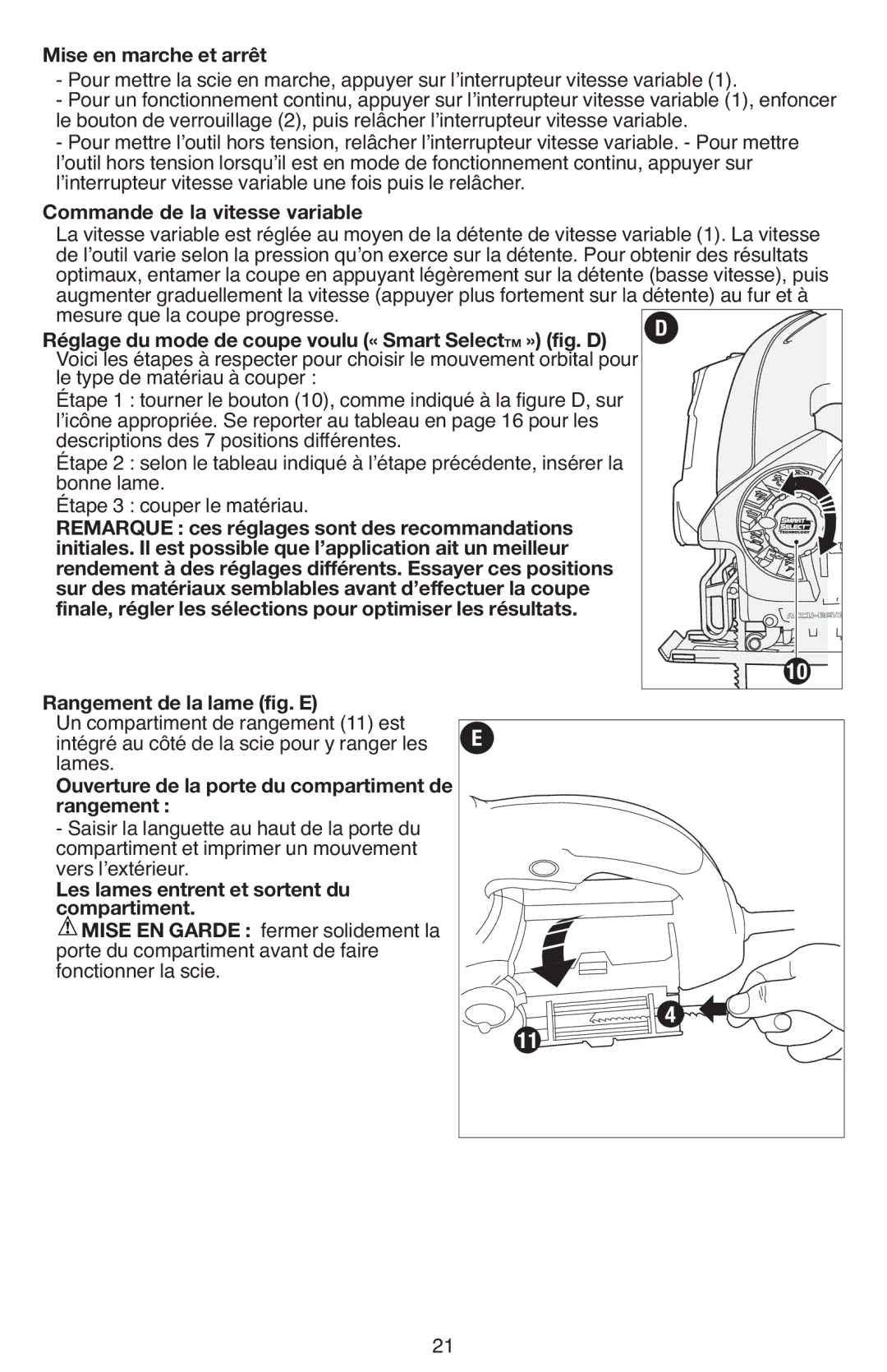 Black & Decker JS670V Commande de la vitesse variable, Réglag du mode d coupe voulu « Smart Sel CtTM » fig. D 