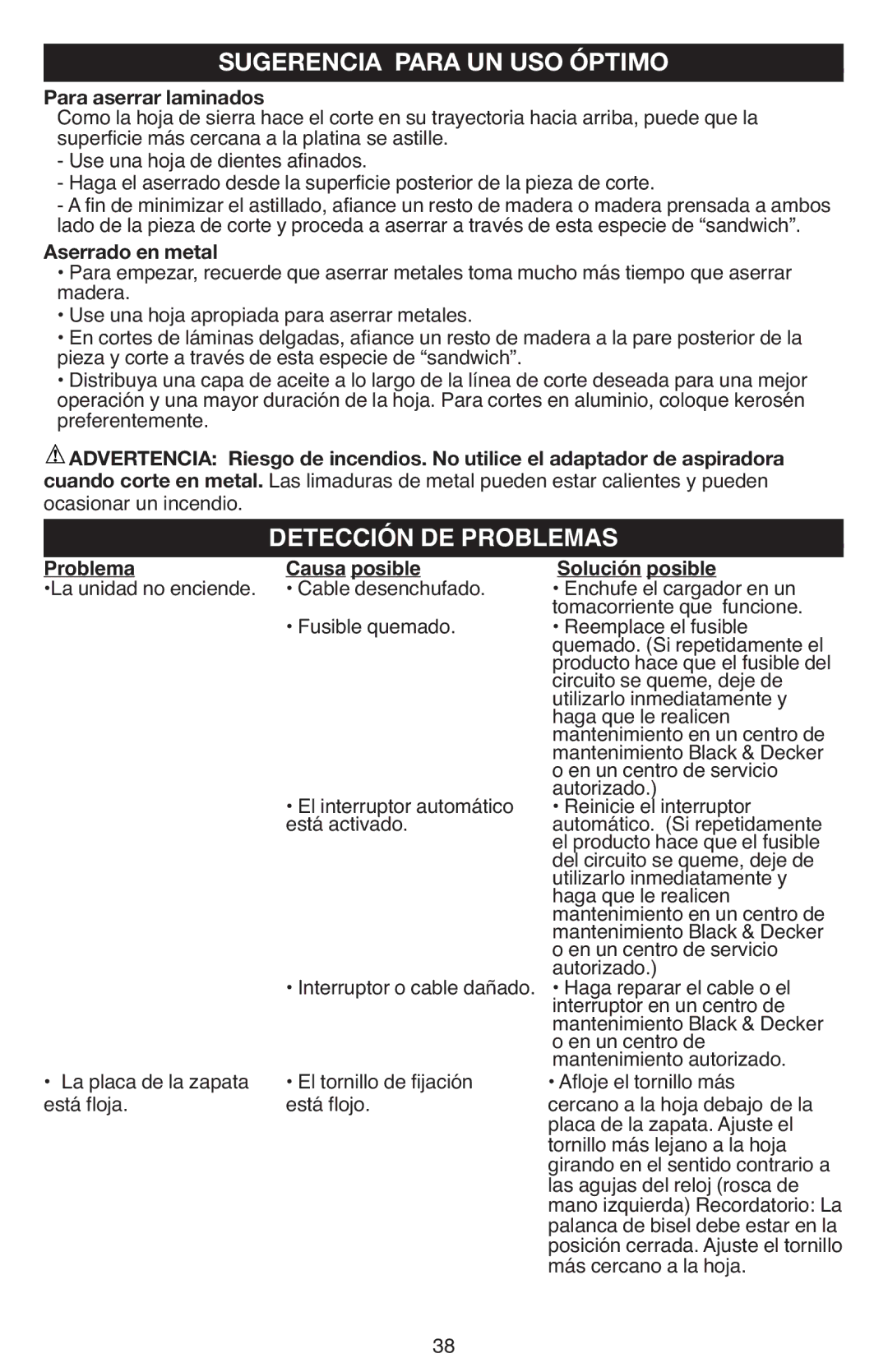 Black & Decker JS670V instruction manual Detección DE Problemas, Problema Causa posible Solución posible 