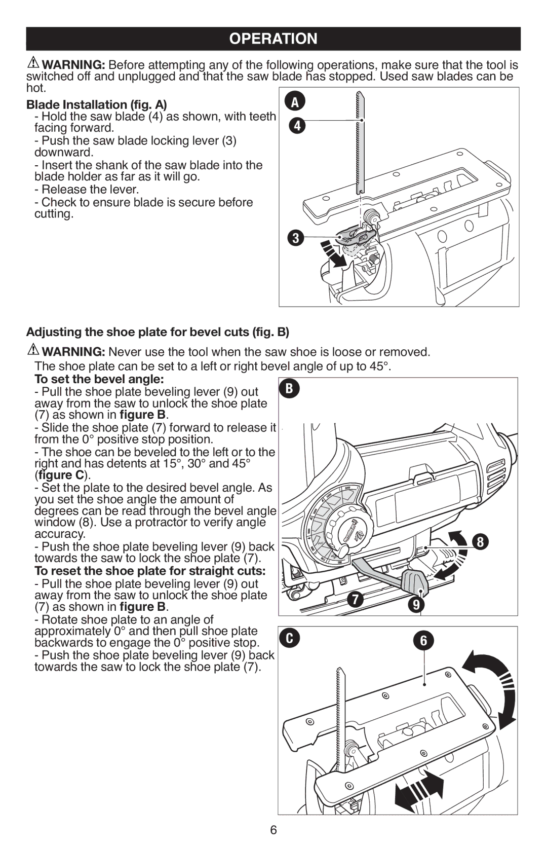 Black & Decker JS670V Operation, Blade Install tion fig. a, Adjusting the shoe plate for bevel cuts fig. B 