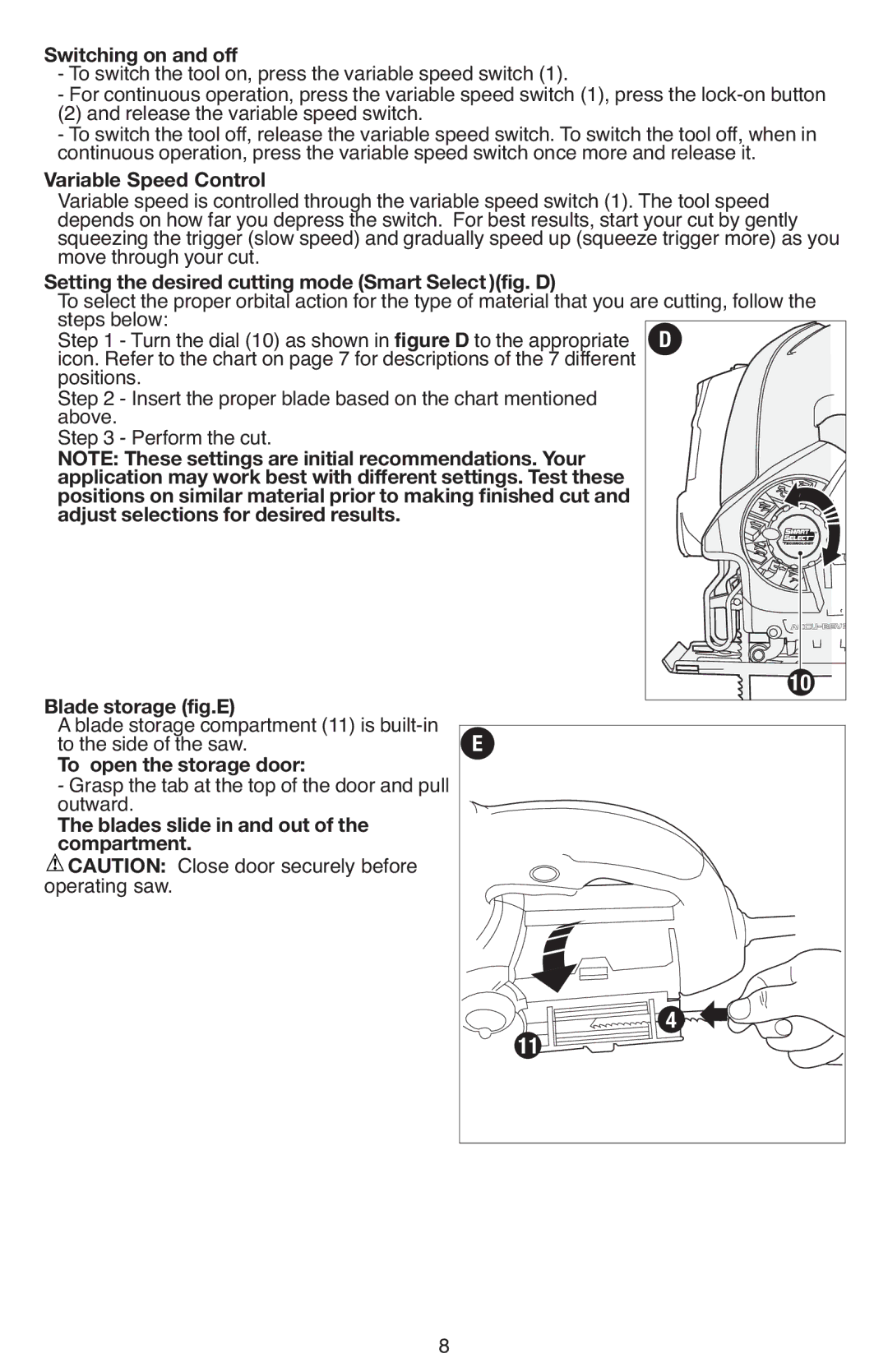 Black & Decker JS670V Switching on and off, Variable Sp Control, Setting the desired cutt ng mode Smar S lect fig. D 