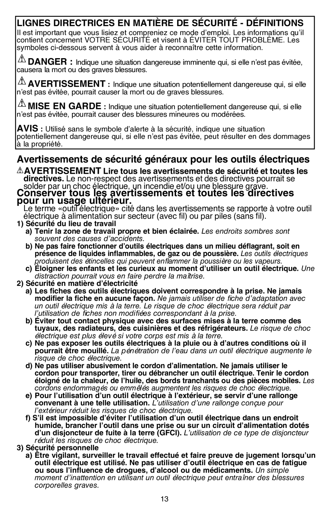 Black & Decker JS680V instruction manual Lignes directrices en matière de sécurité définitions 