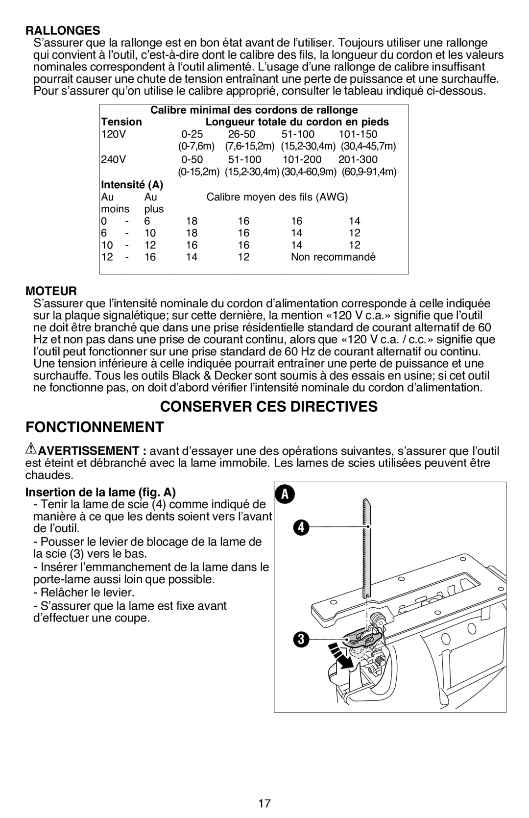 Black & Decker JS680V instruction manual Fonctionnement, Insertion de la lame fig. a 