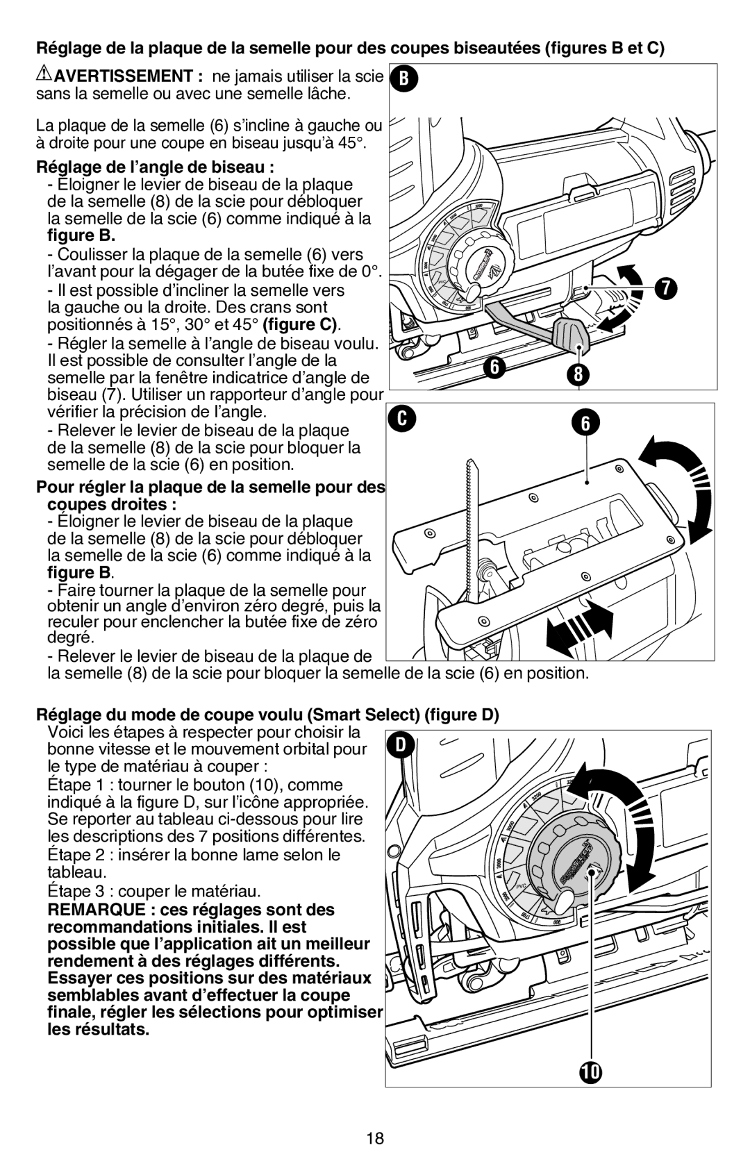 Black & Decker JS680V Réglage de l’angle de biseau, Pour régler la plaque de la semelle pour des Coupes droites 