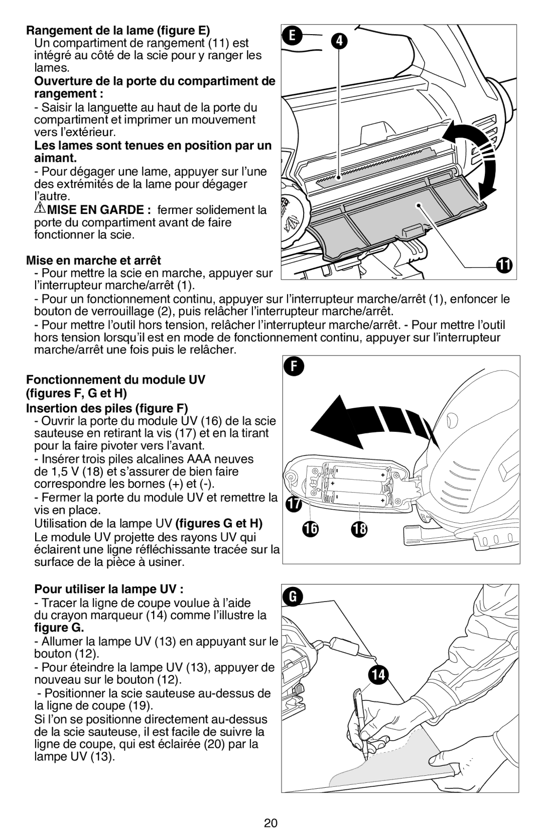 Black & Decker JS680V instruction manual Rangement de la lame figure E, Ouverture de la porte du compartiment de Rangement 