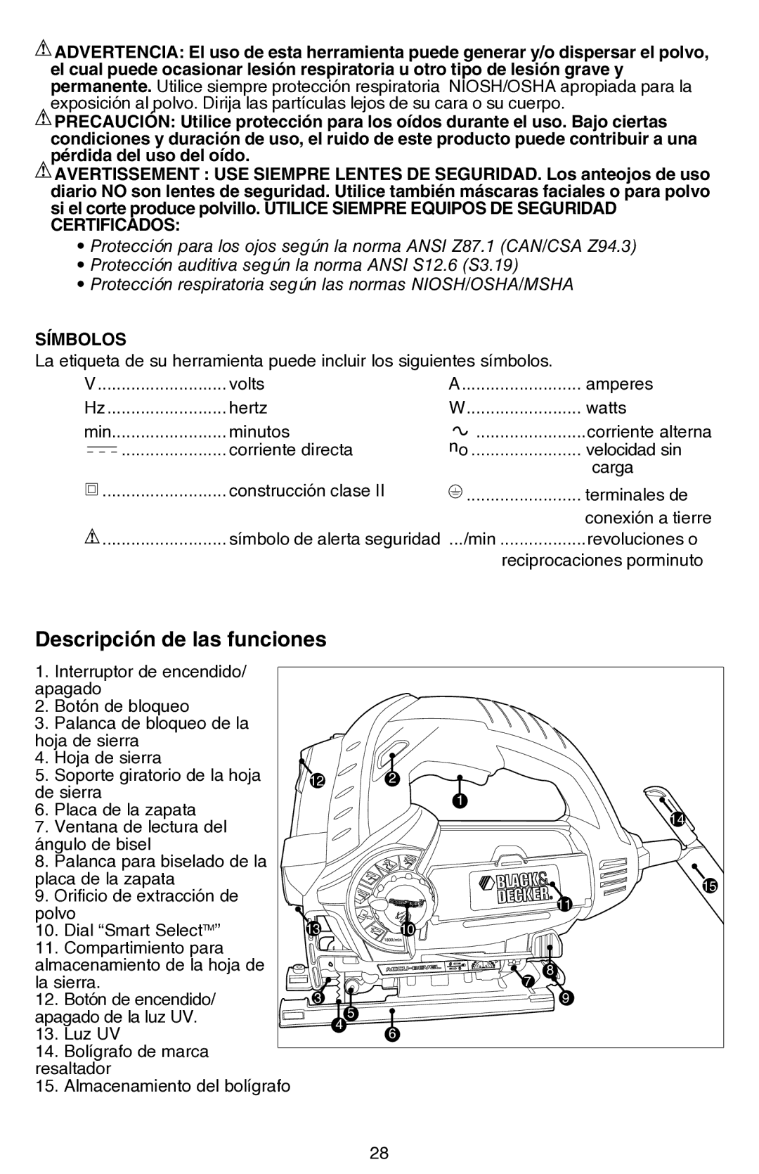 Black & Decker JS680V instruction manual Descripción de las funciones, Símbolos 