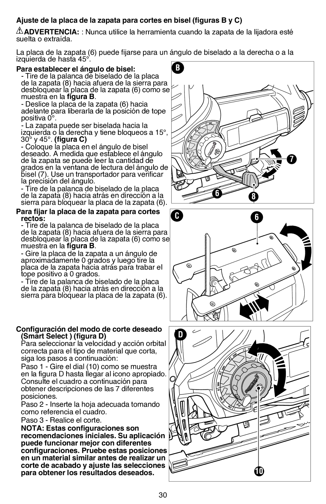 Black & Decker JS680V Para establecer el ángulo de bisel, Para fijar la placa De la zapata para cortes Rectos 