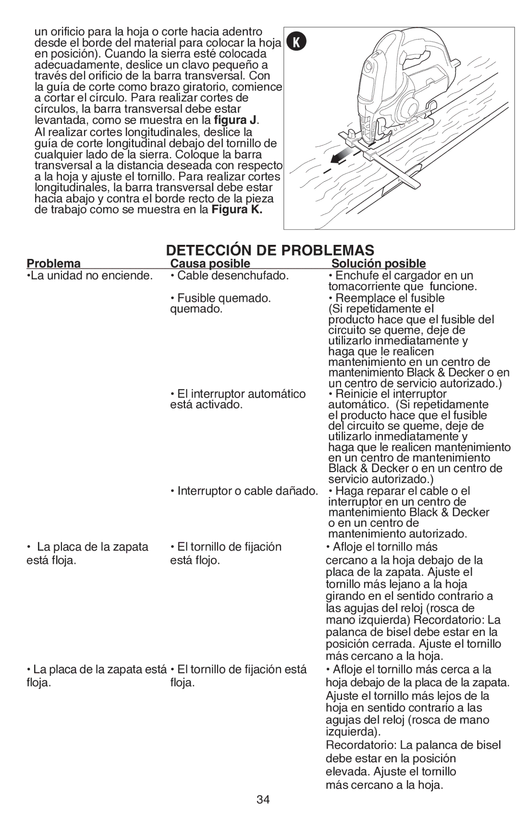 Black & Decker JS680V instruction manual Detección de problemas, Problema Causa posible Solución posible 