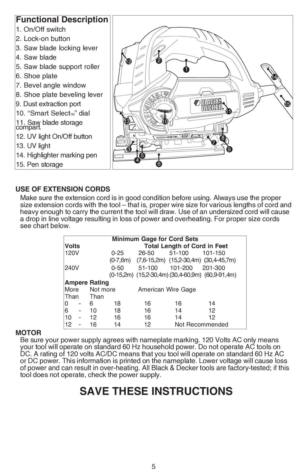 Black & Decker JS680V instruction manual Functional Description, Use of Extension Cords, Motor 