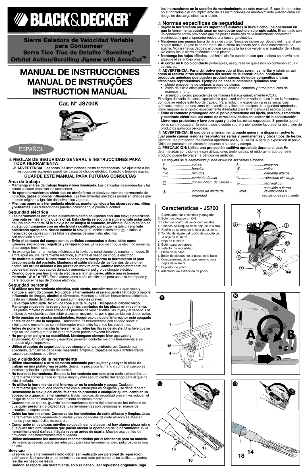 Black & Decker JS700K instruction manual Español, Características JS700, Guarde Este Manual Para Futuras Consultas 