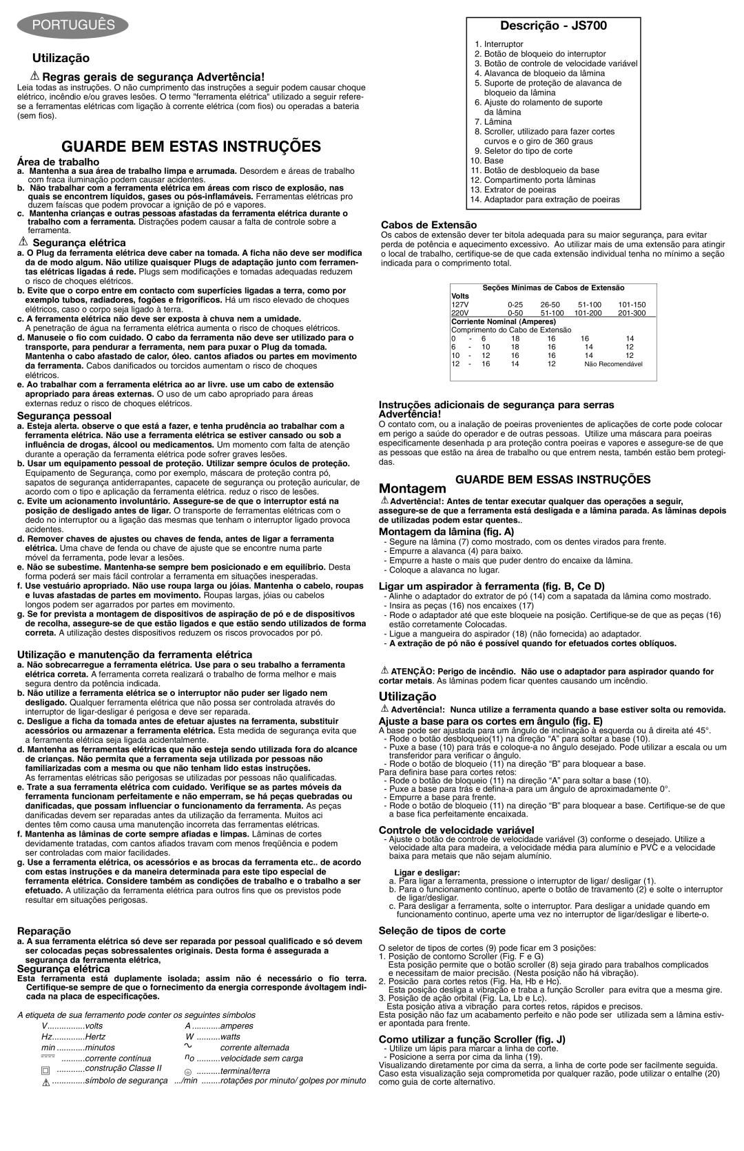 Black & Decker JS700K, 587384-03 instruction manual Português, Utilização, Descrição JS700 