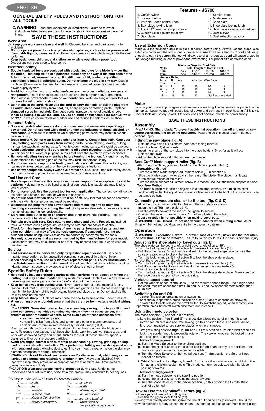 Black & Decker 587384-03, JS700K instruction manual English, Specific Safety Rules, Features JS700, Assembly, Operation 