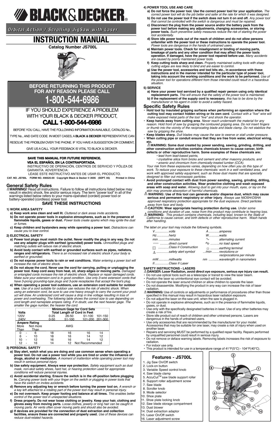 Black & Decker 490525-00 instruction manual General Safety Rules, Specific Safety Rules, Features JS700L 